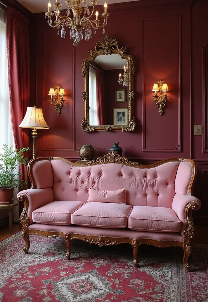 29 Pink Couch Living Room Ideas That Feel Fun and Feminine - 3. Vintage Glam