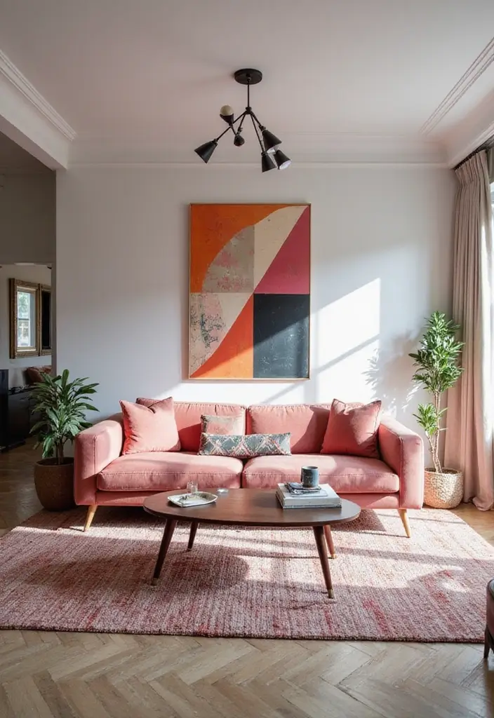 29 Pink Couch Living Room Ideas That Feel Fun and Feminine - 6. Modern Art Show