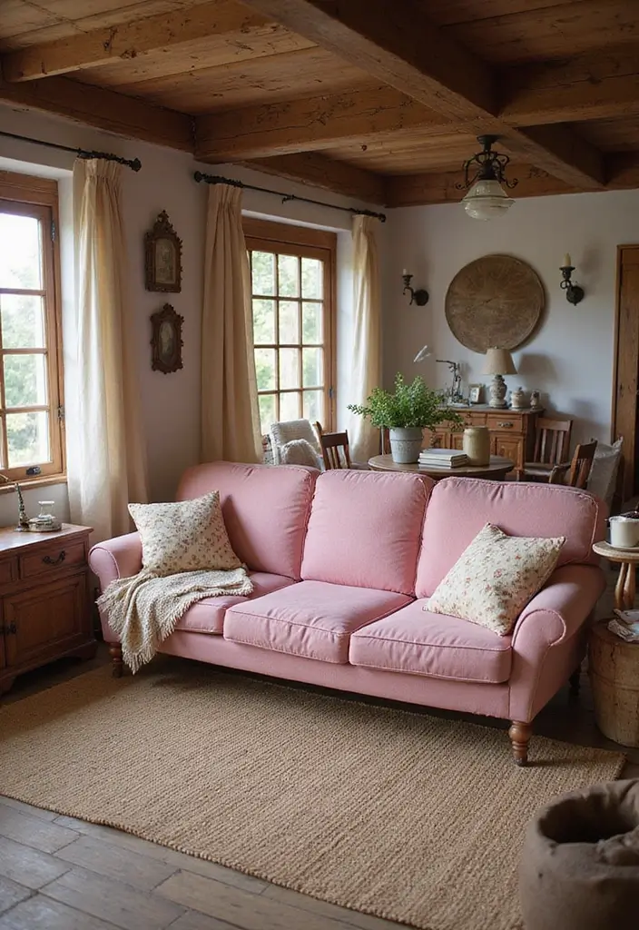 29 Pink Couch Living Room Ideas That Feel Fun and Feminine - 7. Cozy Cottage Vibes