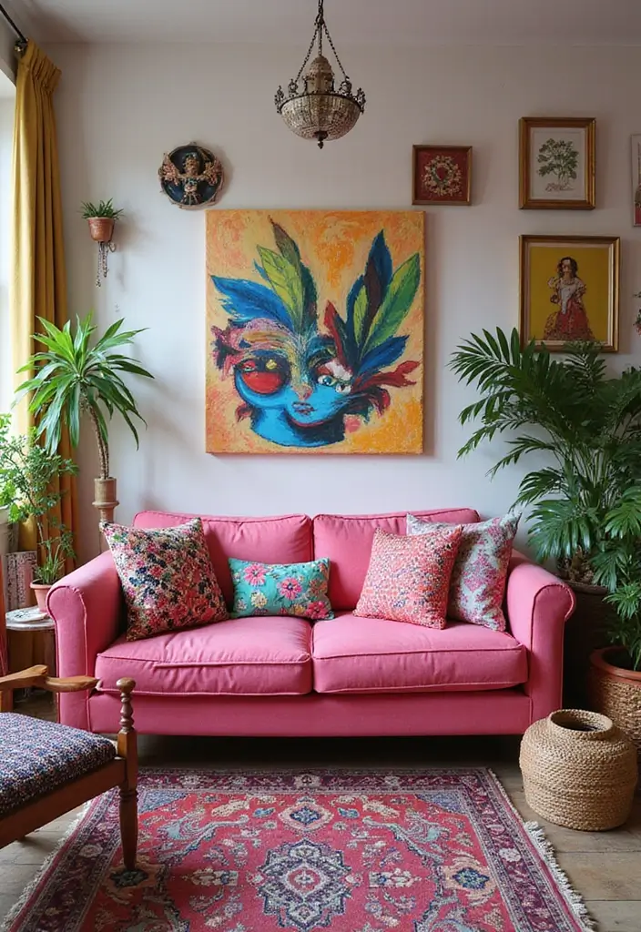 29 Pink Couch Living Room Ideas That Feel Fun and Feminine - 8. Eclectic Color Burst