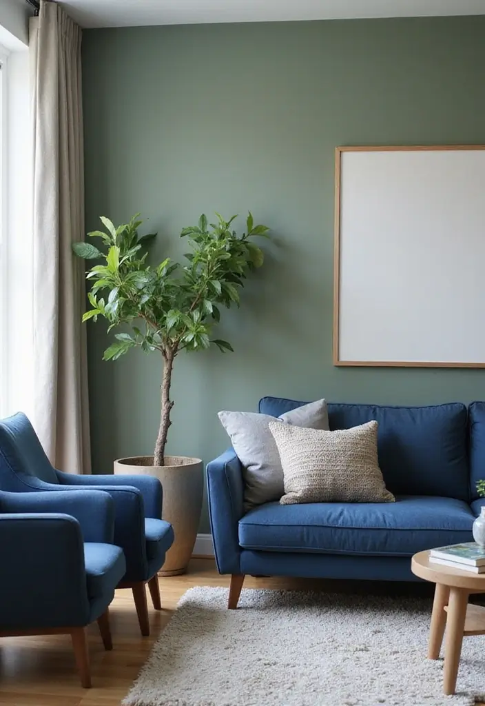 29 Sage Green and Blue Living Room Ideas That Feel Fresh and Modern - 1. Serene Sage Walls with Navy Accents