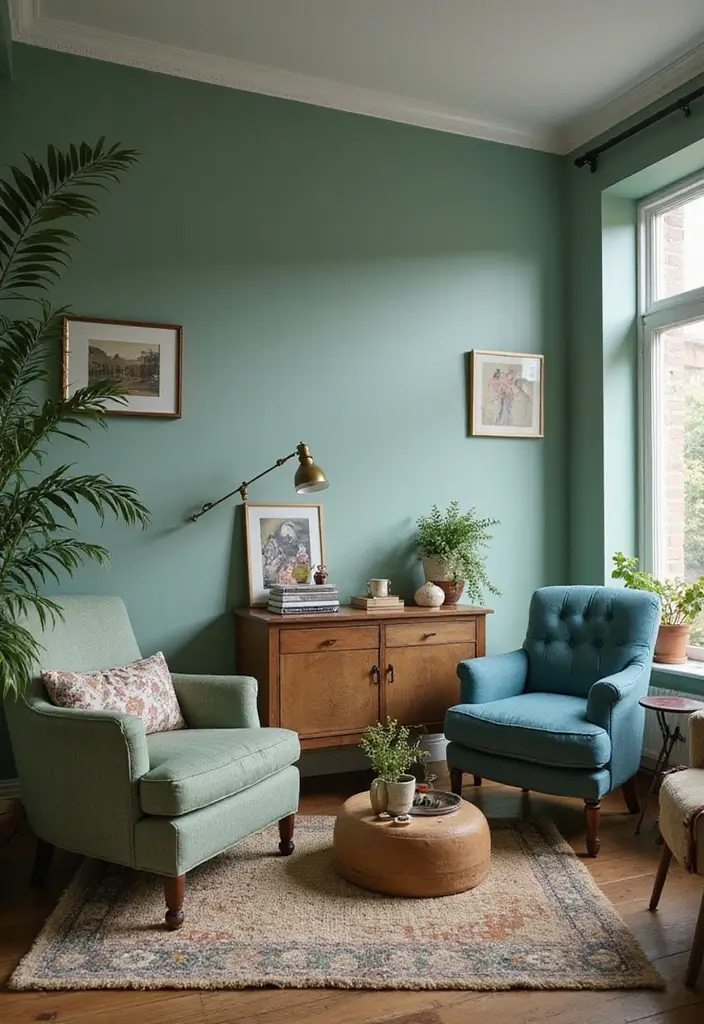 29 Sage Green and Blue Living Room Ideas That Feel Fresh and Modern - 10. Vintage Finds
