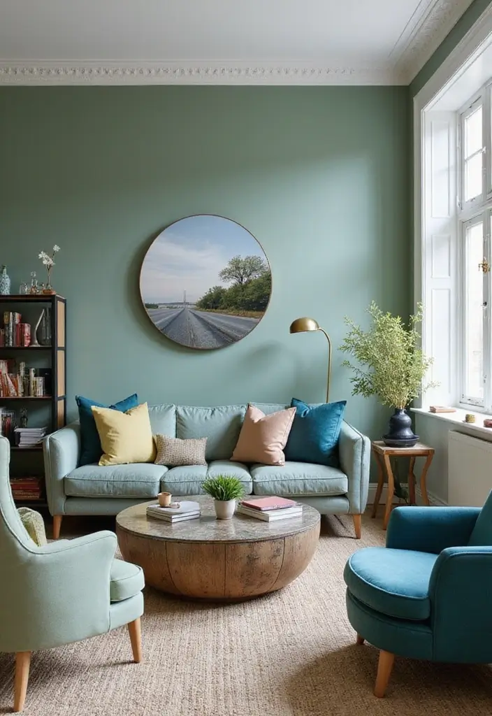29 Sage Green and Blue Living Room Ideas That Feel Fresh and Modern - 11. Mix and Match Furniture