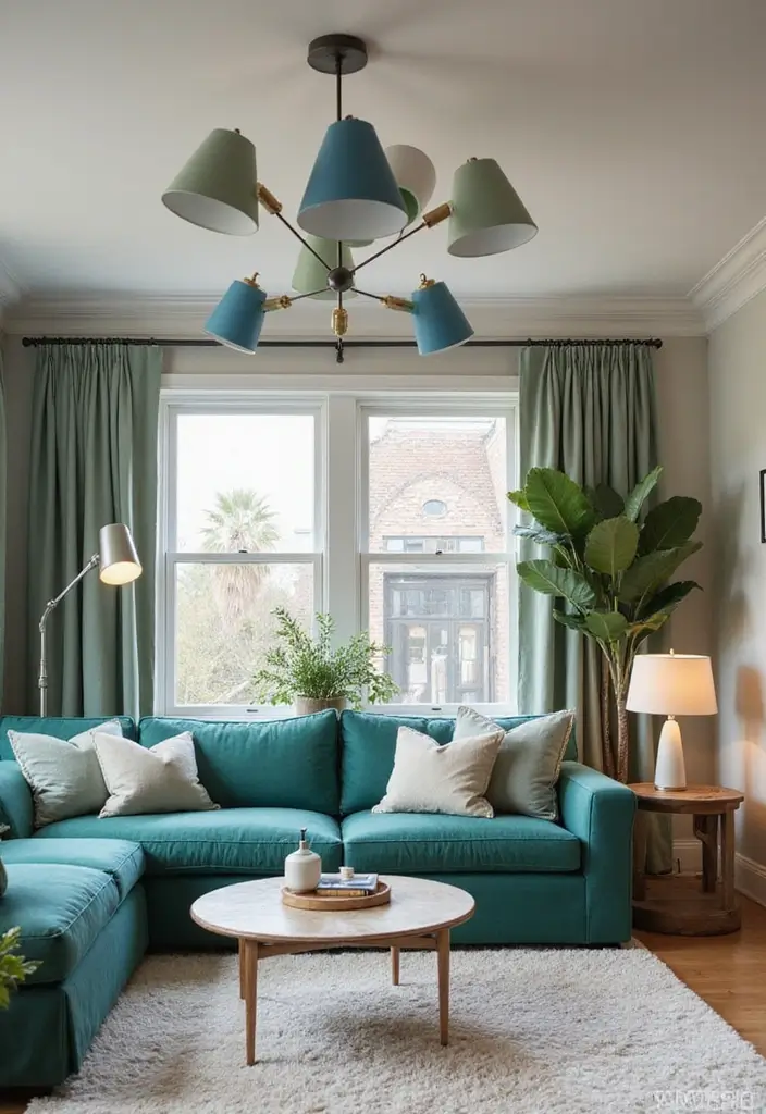29 Sage Green and Blue Living Room Ideas That Feel Fresh and Modern - 13. Statement Lighting