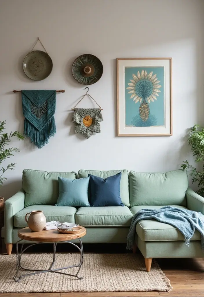 29 Sage Green and Blue Living Room Ideas That Feel Fresh and Modern - 14. Artisanal Touches