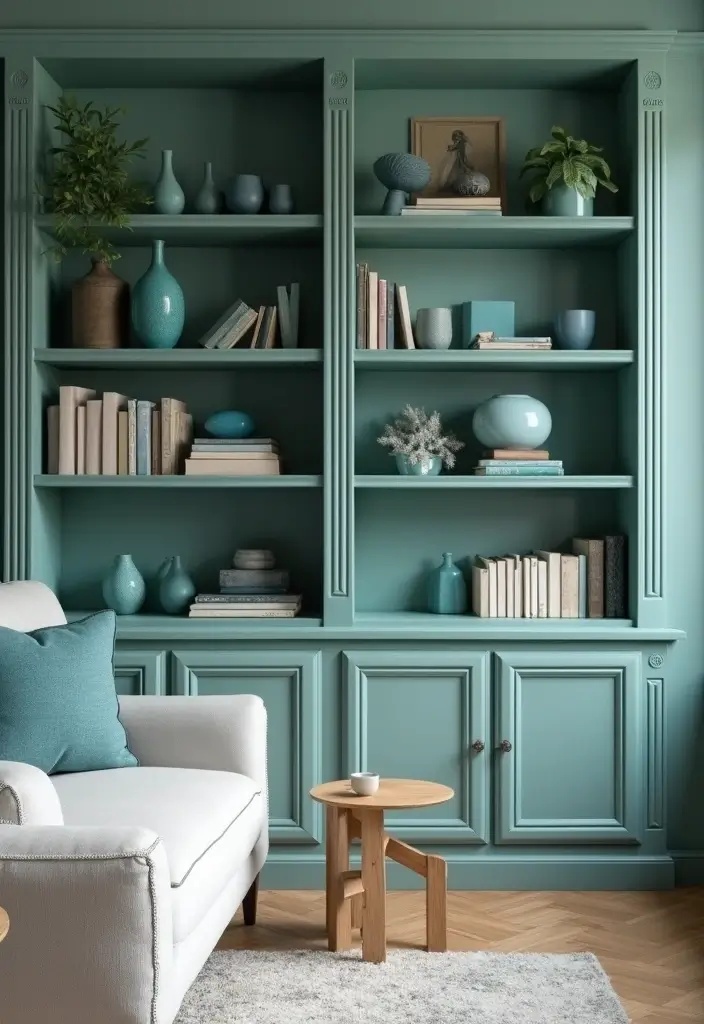 29 Sage Green and Blue Living Room Ideas That Feel Fresh and Modern - 15. Open Shelving