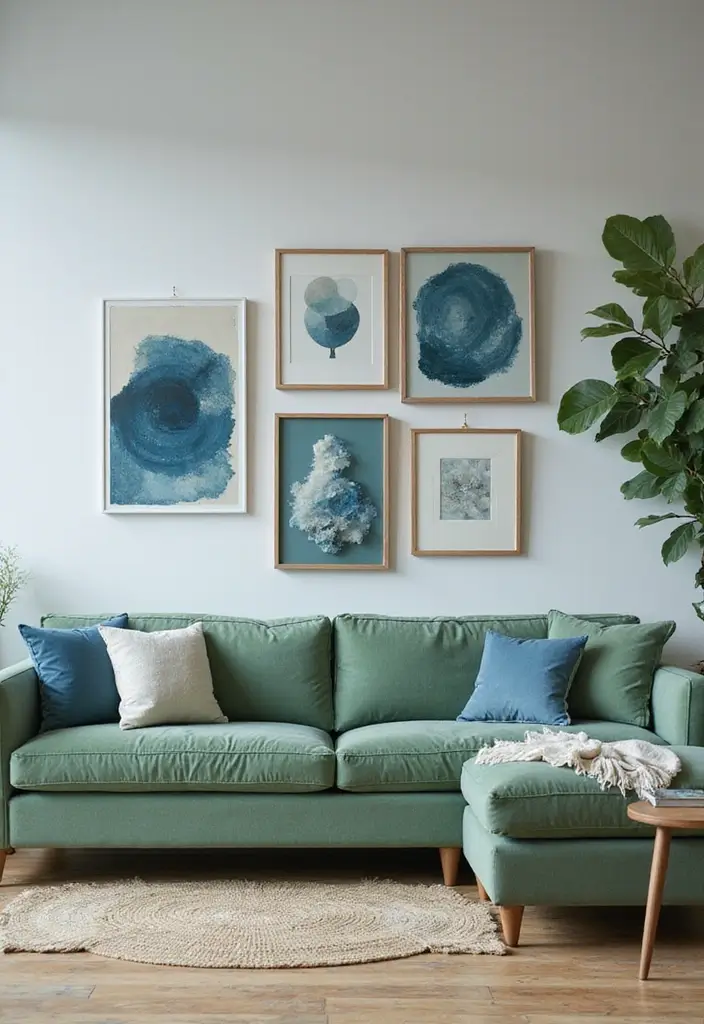 29 Sage Green and Blue Living Room Ideas That Feel Fresh and Modern - 17. Incorporate Blue Green Artwork