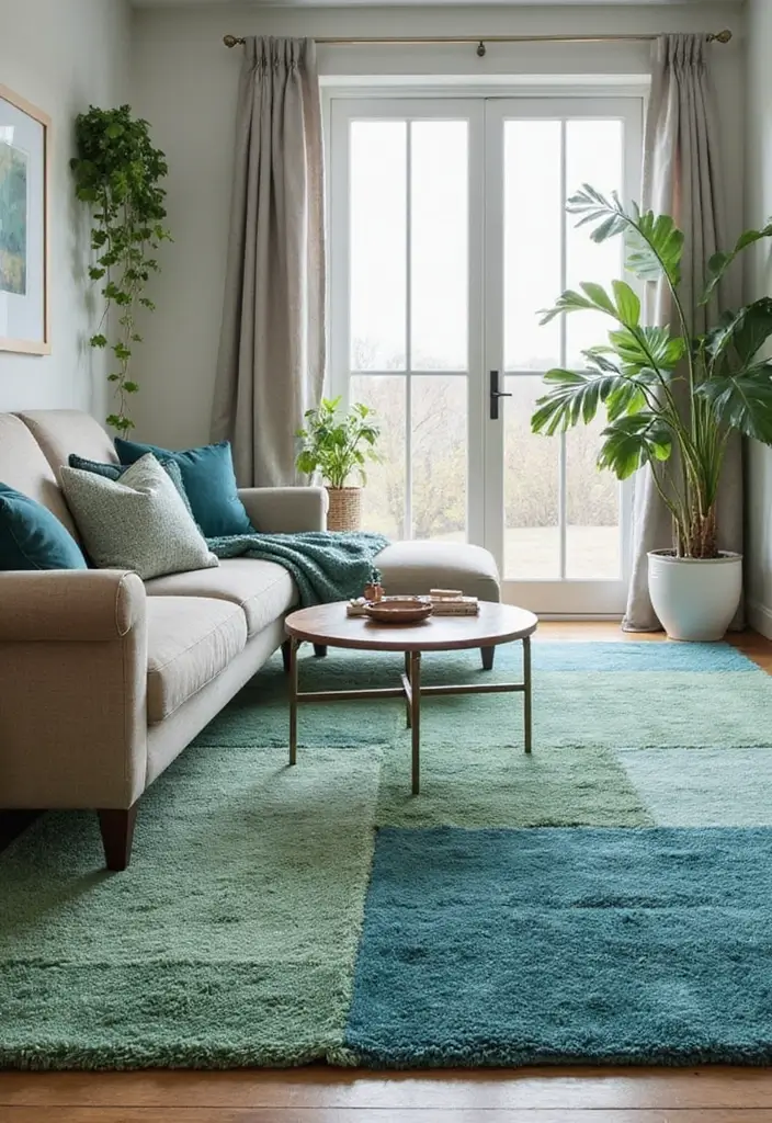 29 Sage Green and Blue Living Room Ideas That Feel Fresh and Modern - 19. Blue and Sage Layered Rugs