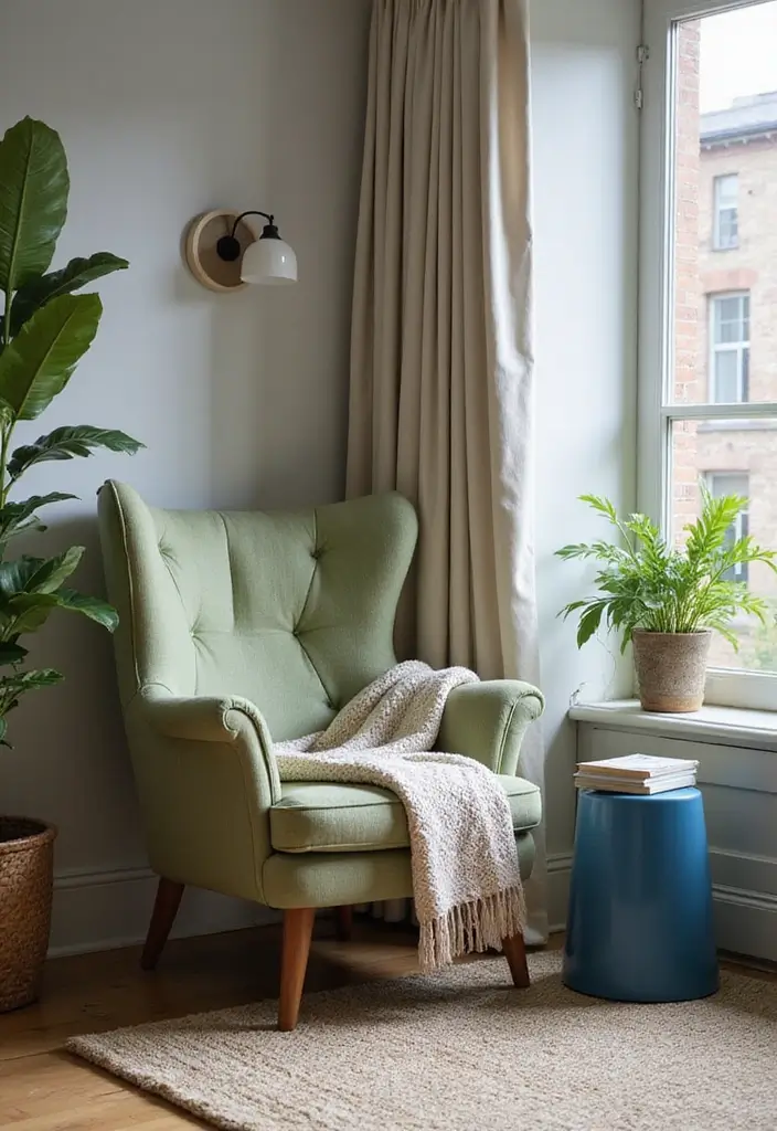 29 Sage Green and Blue Living Room Ideas That Feel Fresh and Modern - 20. Create a Reading Nook