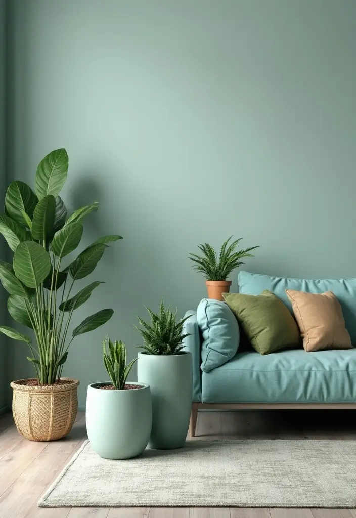 29 Sage Green and Blue Living Room Ideas That Feel Fresh and Modern - 21. Artistic Plant Stands