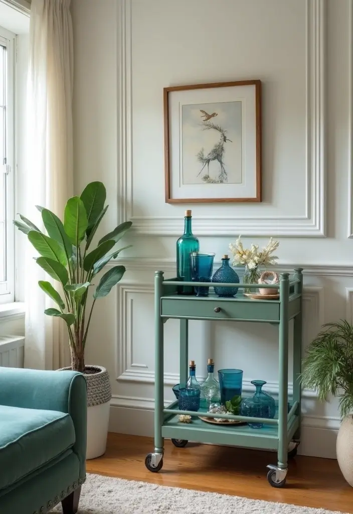 29 Sage Green and Blue Living Room Ideas That Feel Fresh and Modern - 22. Stylish Bar Carts