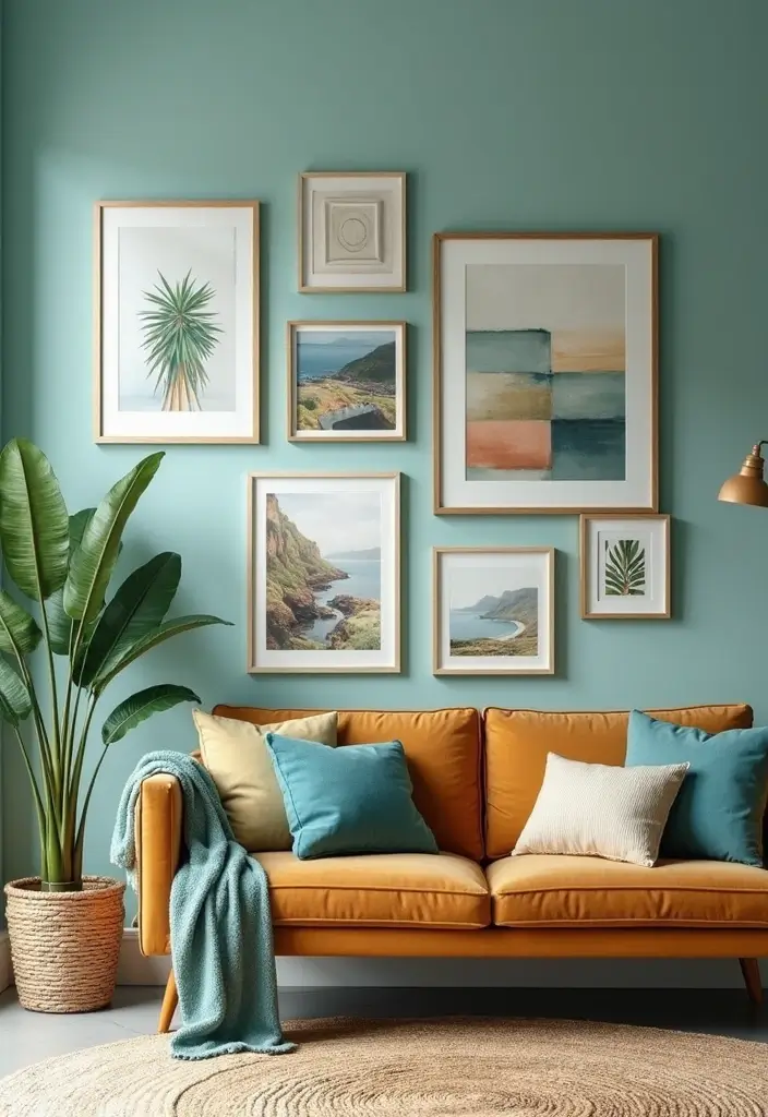 29 Sage Green and Blue Living Room Ideas That Feel Fresh and Modern - 23. Create a Gallery Wall