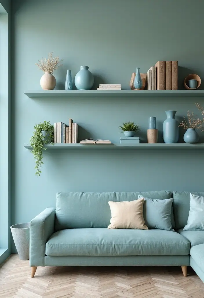 29 Sage Green and Blue Living Room Ideas That Feel Fresh and Modern - 24. Functional Floating Shelves