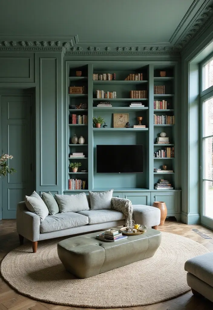 29 Sage Green and Blue Living Room Ideas That Feel Fresh and Modern - 26. Add Architectural Features