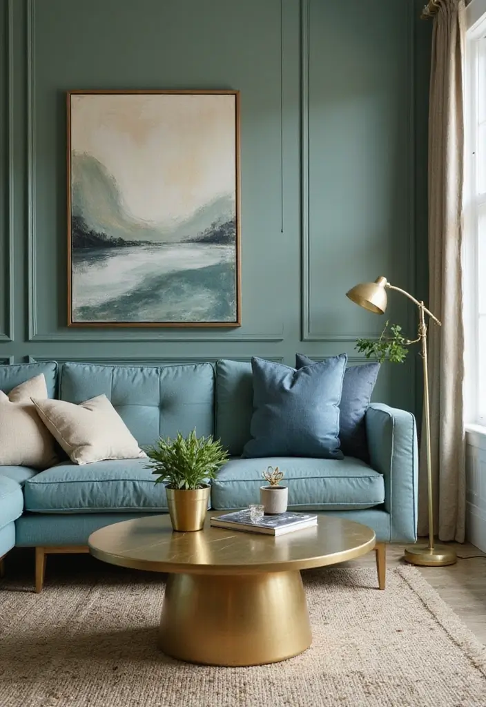 29 Sage Green and Blue Living Room Ideas That Feel Fresh and Modern - 27. Brighten with Metallics