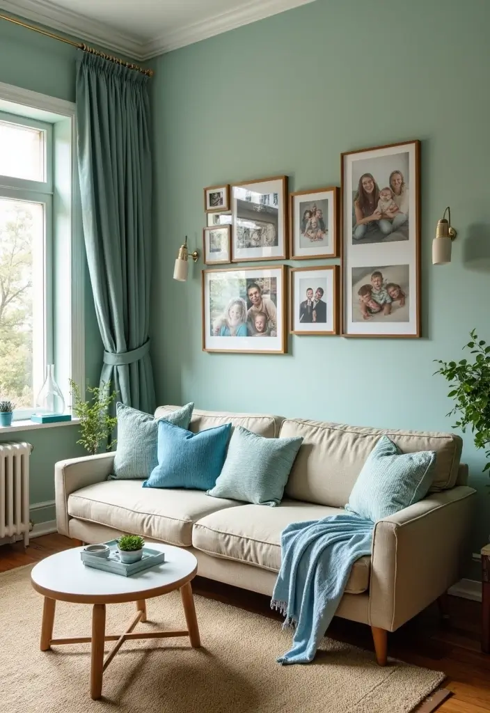29 Sage Green and Blue Living Room Ideas That Feel Fresh and Modern - 29. Personalize with Family Photos
