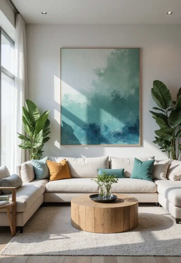 29 Sage Green and Blue Living Room Ideas That Feel Fresh and Modern - 3. Bold Artwork as a Focal Point