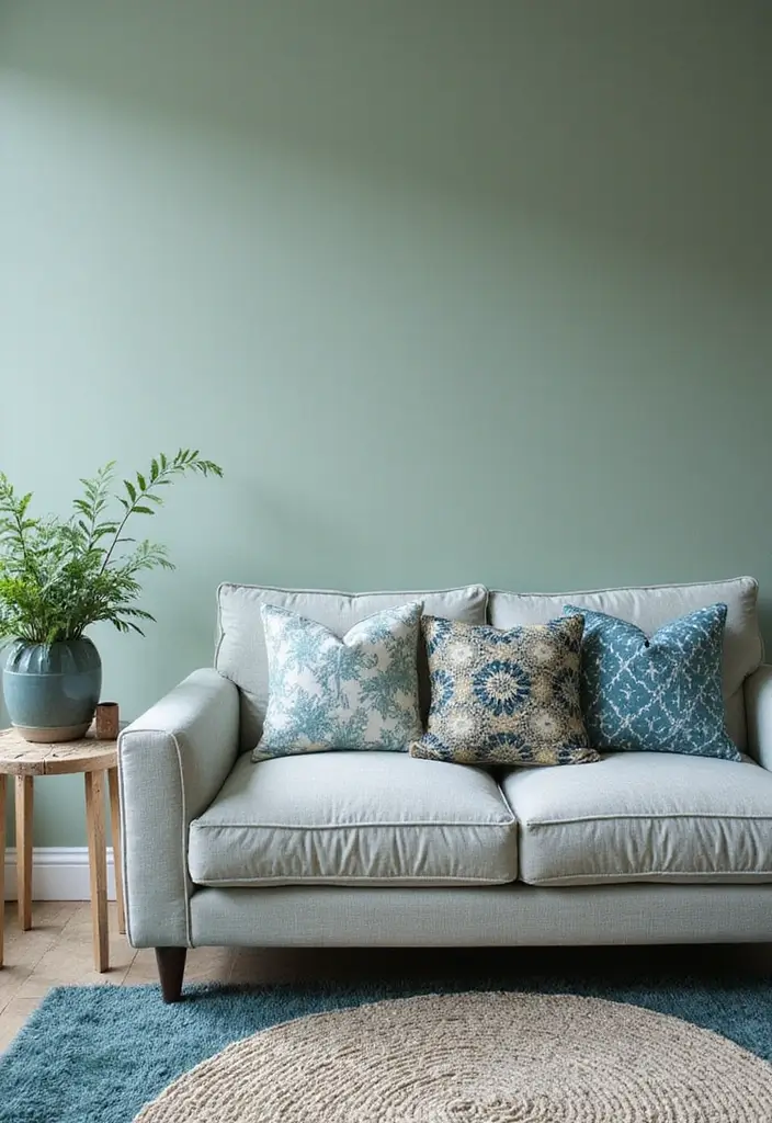 29 Sage Green and Blue Living Room Ideas That Feel Fresh and Modern - 6. Play with Patterns