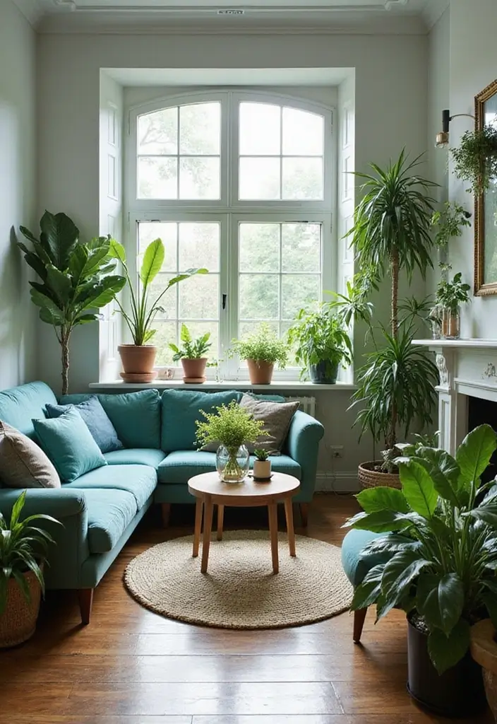 29 Sage Green and Blue Living Room Ideas That Feel Fresh and Modern - 9. Greenery as Decor