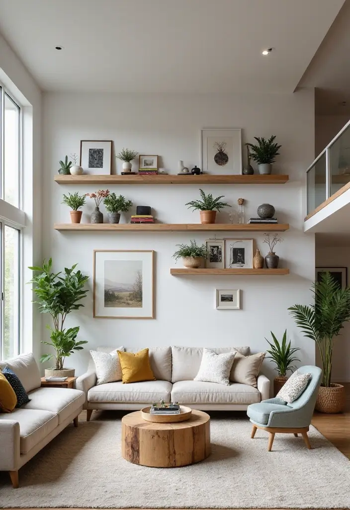 29 Two Story Living Room Ideas That Feel Open and Dramatic - 10. Artistic Display Shelves