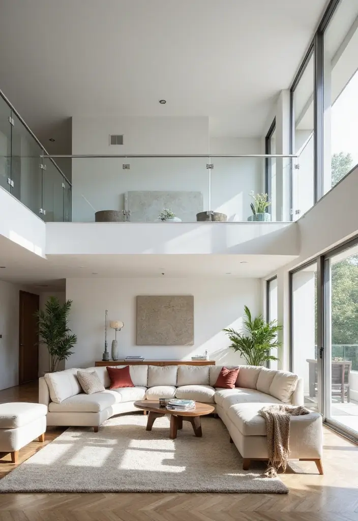 29 Two Story Living Room Ideas That Feel Open and Dramatic - 13. Use Glass Railings for an Open Feel