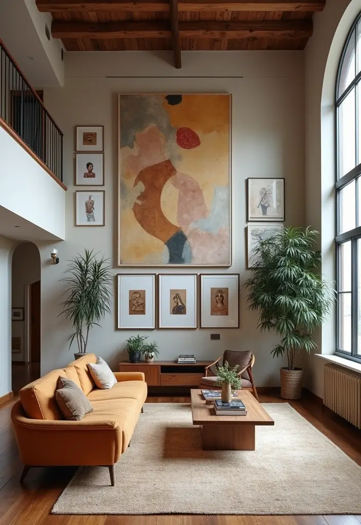 29 Two Story Living Room Ideas That Feel Open and Dramatic - 18. Artful Wall Decor