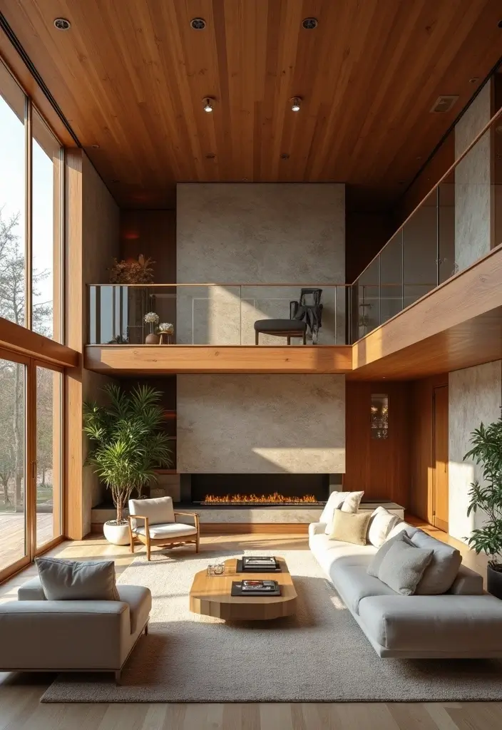 29 Two Story Living Room Ideas That Feel Open and Dramatic - 19. Natural Materials for Warmth