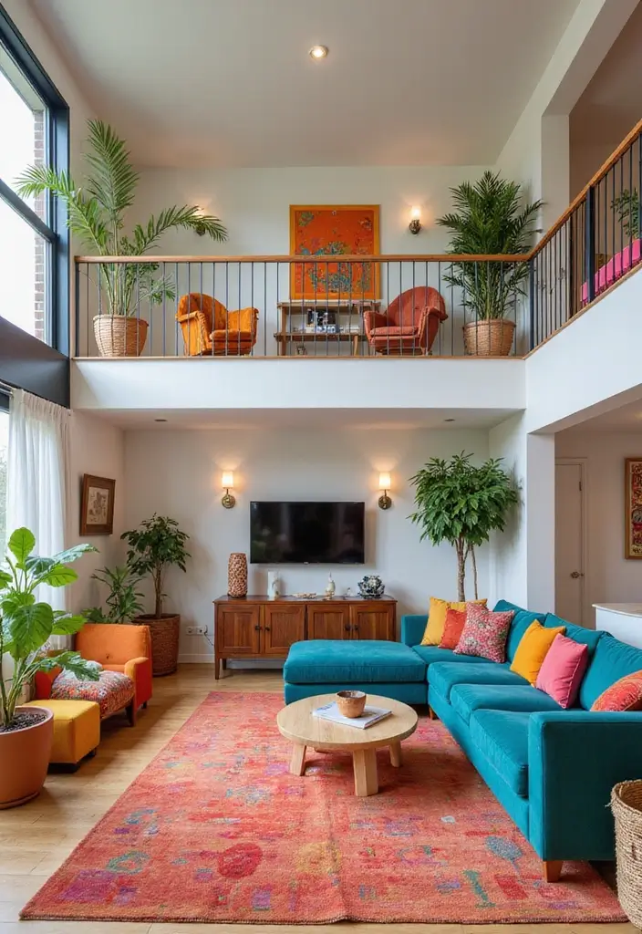 29 Two Story Living Room Ideas That Feel Open and Dramatic - 20. Incorporate Colorful Accents