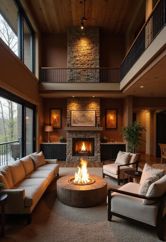 29 Two Story Living Room Ideas That Feel Open and Dramatic - 22. Cozy Fire Pit in the Living Room