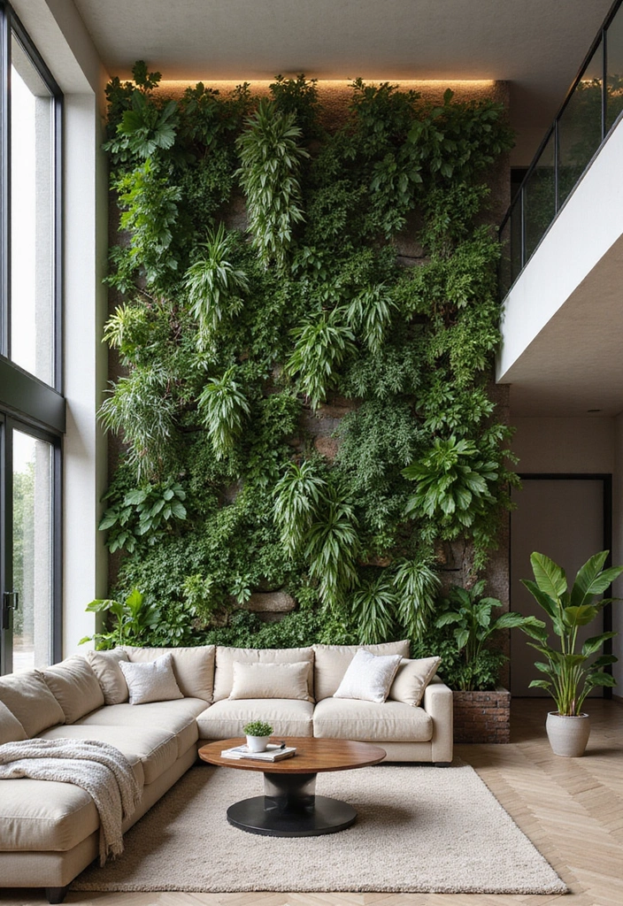 29 Two Story Living Room Ideas That Feel Open and Dramatic - 4. Vertical Gardens for a Lush Touch