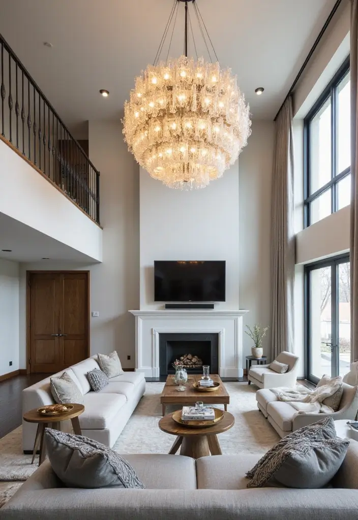 29 Two Story Living Room Ideas That Feel Open and Dramatic - 5. Statement Lighting Fixtures