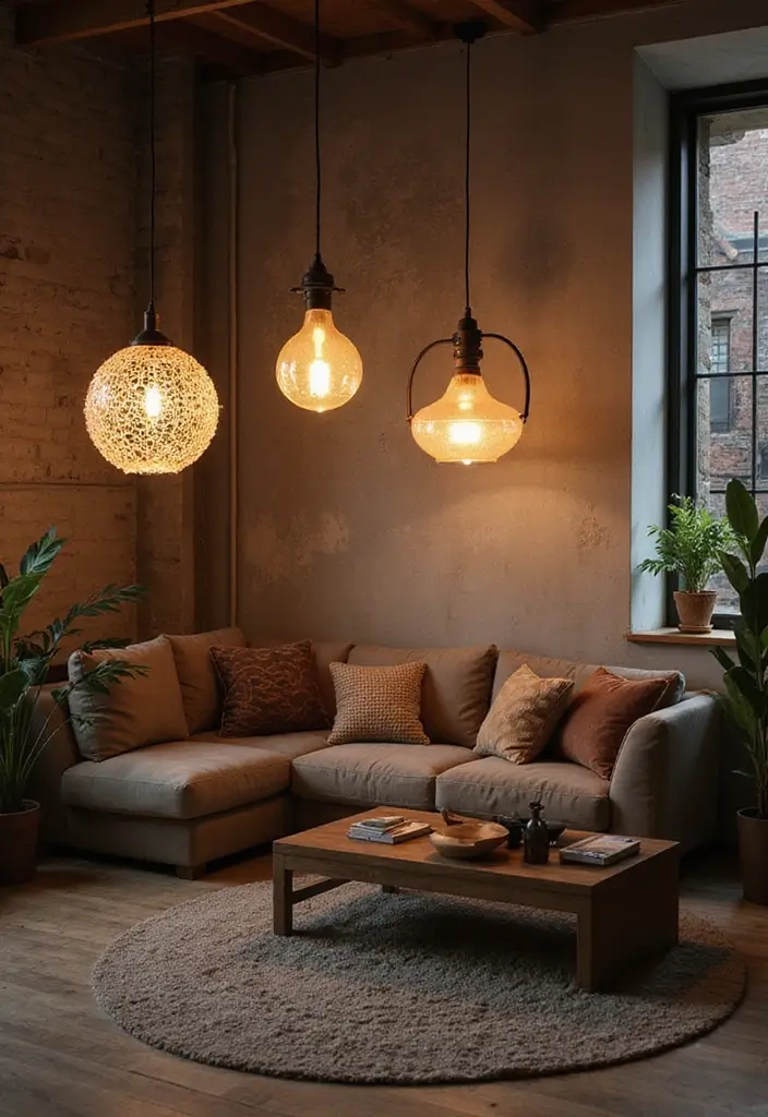 29 Urban Living Room Ideas That Capture City Style Perfectly - 28. Artistic Lighting Fixtures