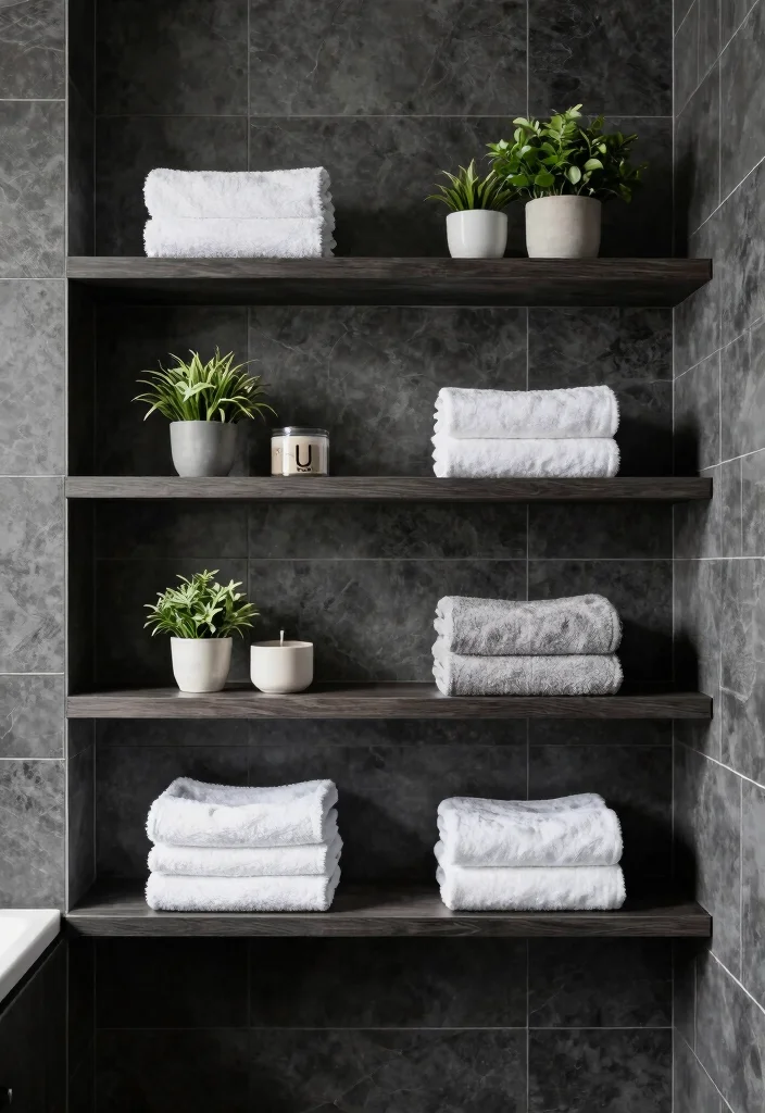 14 Charcoal Tile Bathroom Ideas With Moody Depth - 10. Open Shelving Solutions 1