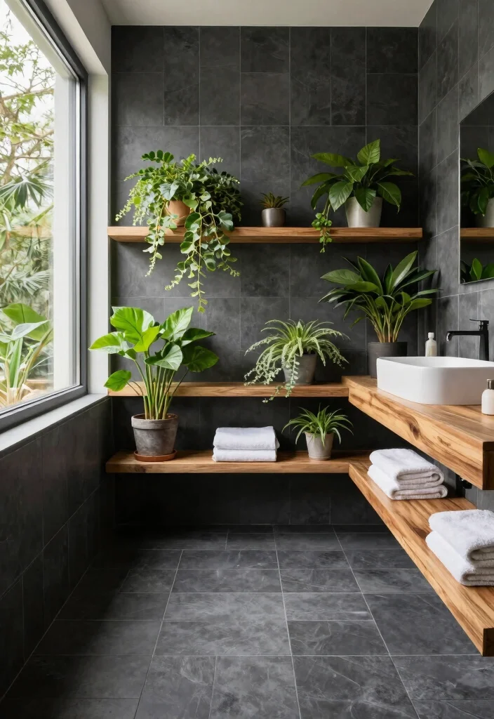14 Charcoal Tile Bathroom Ideas With Moody Depth - 5. Nature-Inspired Retreat 1
