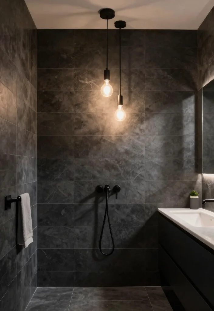 14 Charcoal Tile Bathroom Ideas With Moody Depth - 6. Statement Lighting 1