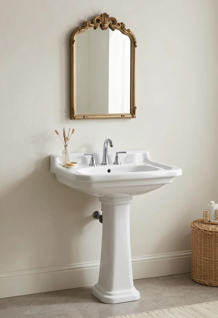 14 French Country Bathroom Vanity Ideas With Rustic Charm - 11. Elegant Pedestal Sink Vanity 1