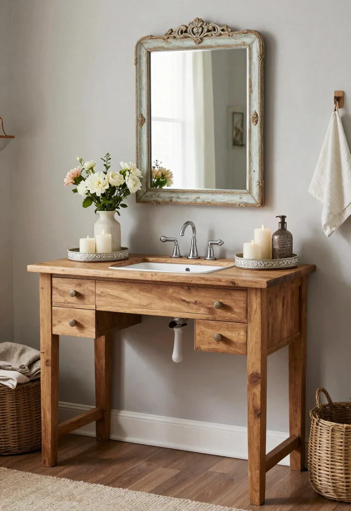 14 French Country Bathroom Vanity Ideas With Rustic Charm - 12. Vintage Farm Table Vanity 1