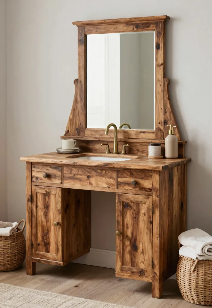 14 French Country Bathroom Vanity Ideas With Rustic Charm - 13. Rustic Reclaimed Wood Vanity 1