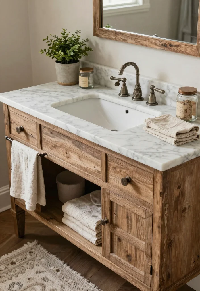14 French Country Bathroom Vanity Ideas With Rustic Charm - 4. Weathered Marble Top Vanity 1
