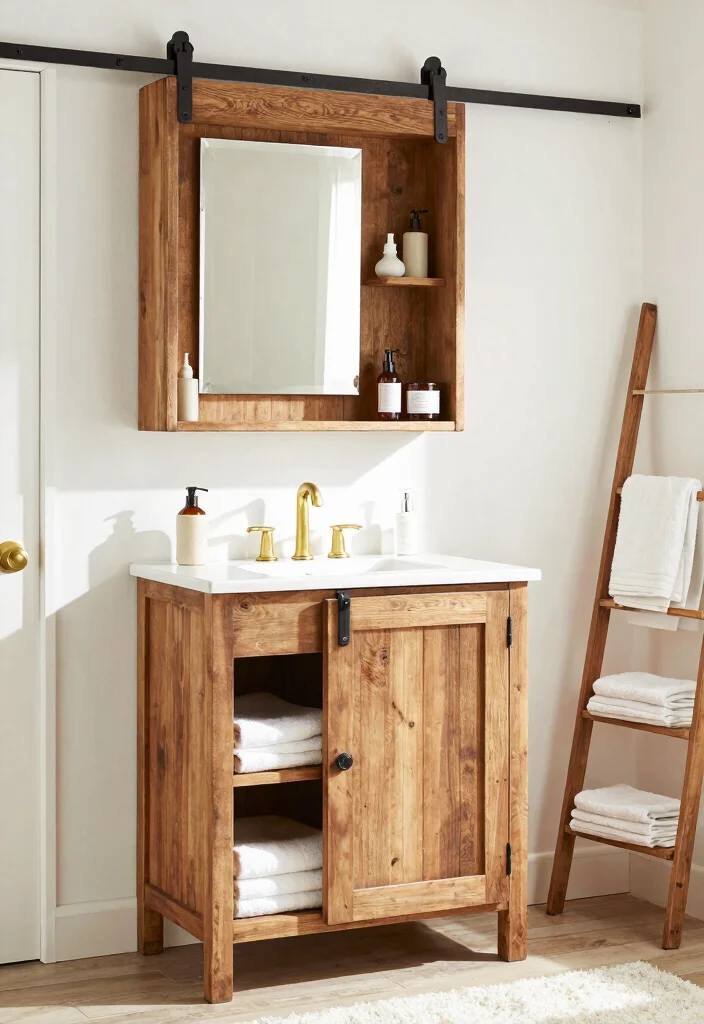 14 French Country Bathroom Vanity Ideas With Rustic Charm - 5. Farmhouse Style Sliding Barn Door Vanity 1