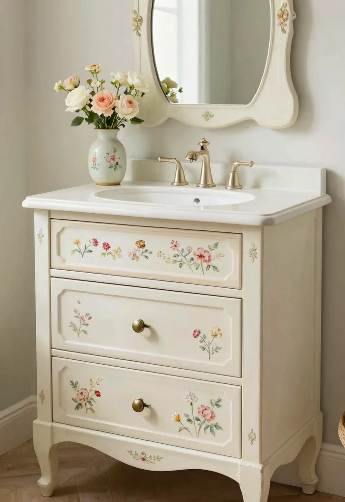 14 French Country Bathroom Vanity Ideas With Rustic Charm - 6. Painted Floral Vanity 1
