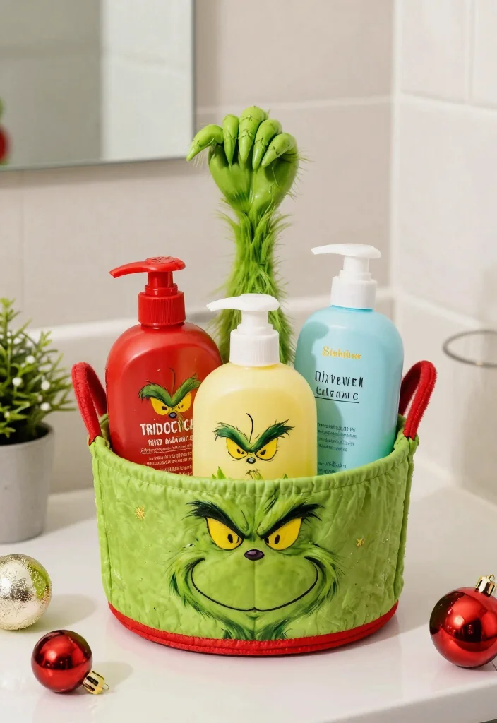 14 Grinch Bathroom Decor Ideas For Seasonal Fun - 11. Holiday-Themed Shower Caddy 1