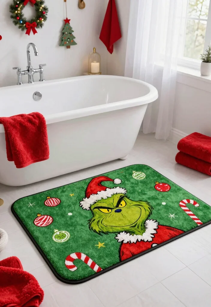 14 Grinch Bathroom Decor Ideas For Seasonal Fun - 2. Whimsical Bath Mats 1