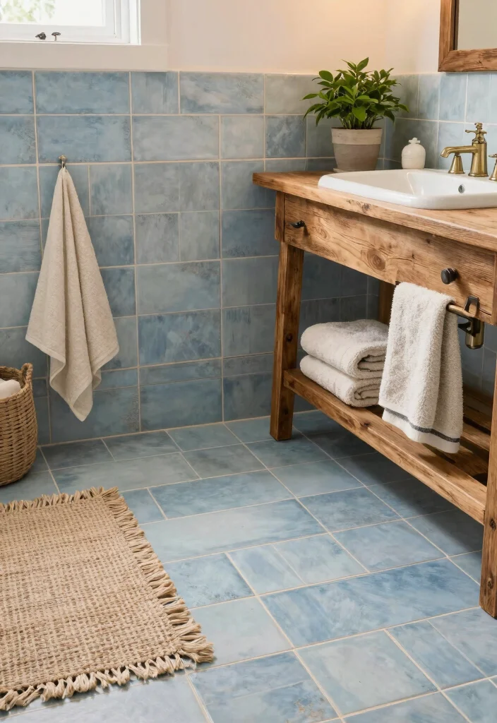 14 Light Blue Bathroom Tile Ideas With Soft Coastal Vibes - 10. Rustic Light Blue Tiles for a Cozy Vibe 1
