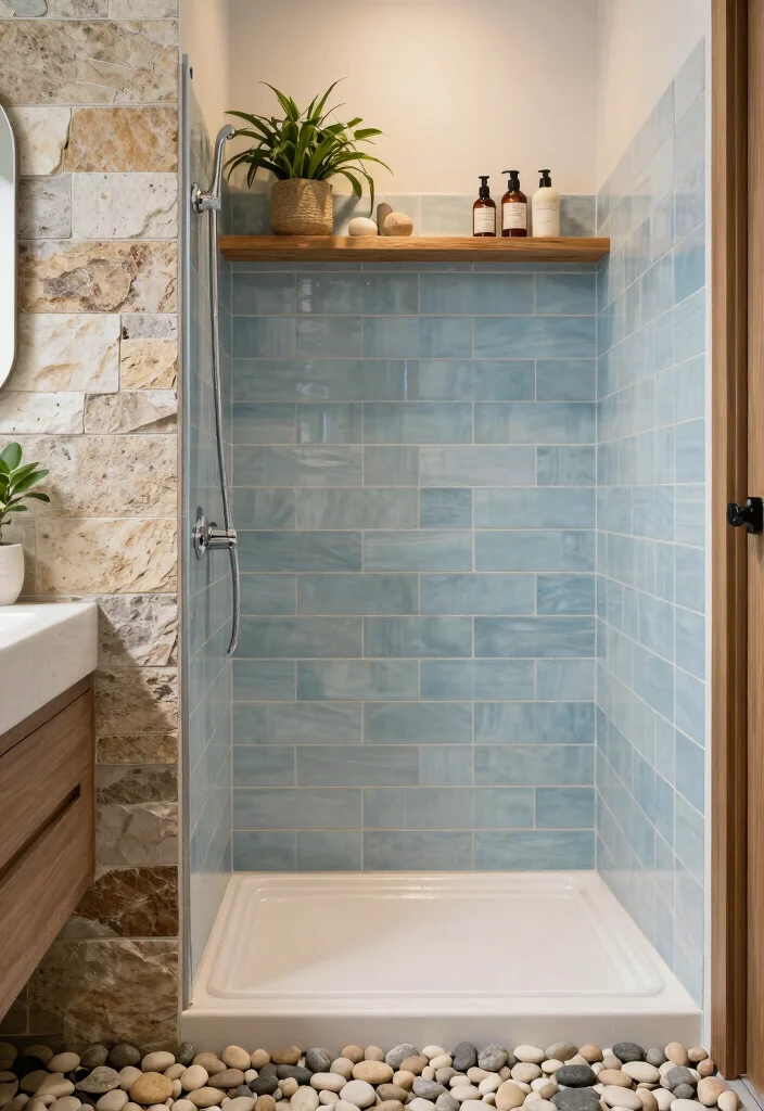 14 Light Blue Bathroom Tile Ideas With Soft Coastal Vibes - 11. Light Blue Tiles with Natural Stone Accents 1