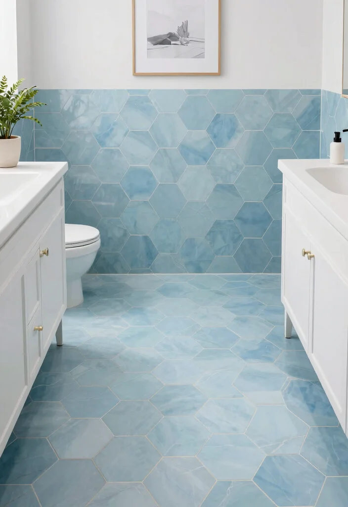 14 Light Blue Bathroom Tile Ideas With Soft Coastal Vibes - 12. Light Blue Hexagonal Tiles for a Trendy Twist 1