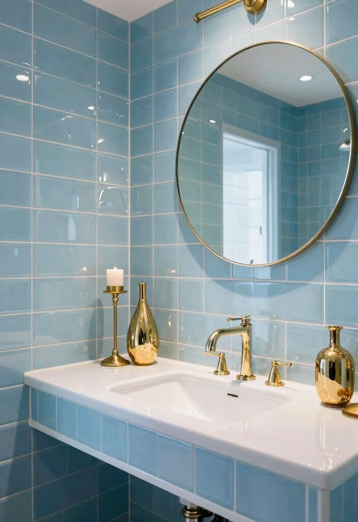 14 Light Blue Bathroom Tile Ideas With Soft Coastal Vibes - 14. Bold Light Blue Tiles with Metallic Accents 1