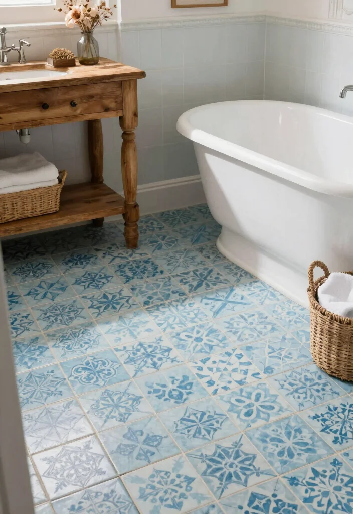 14 Light Blue Bathroom Tile Ideas With Soft Coastal Vibes - 3. Vintage Encaustic Tiles for a Unique Touch 1