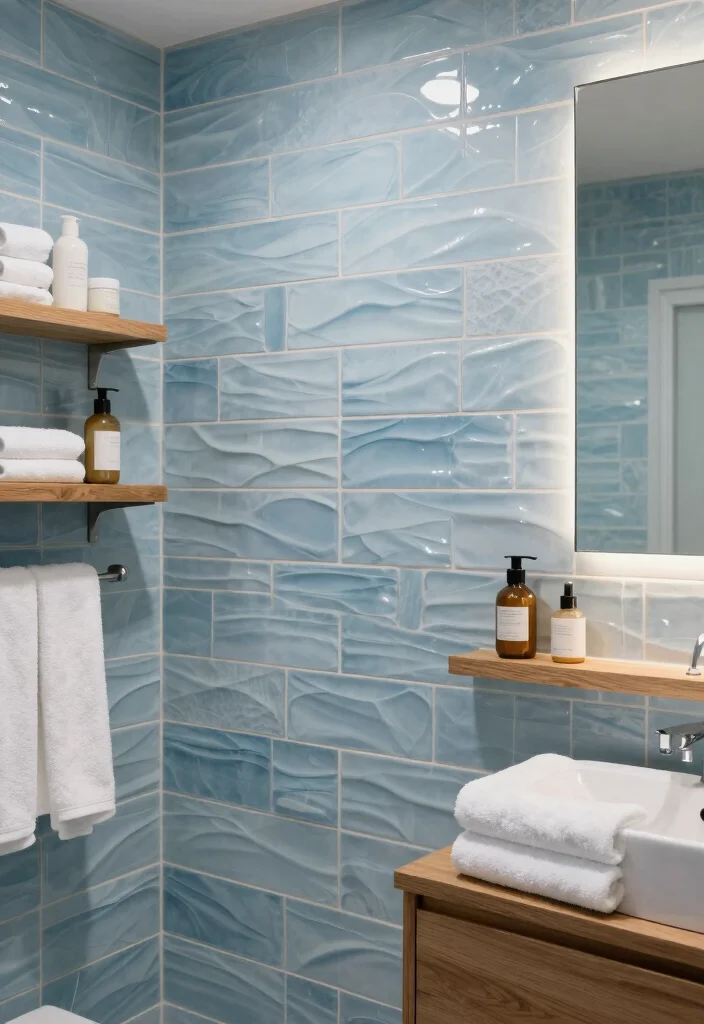 14 Light Blue Bathroom Tile Ideas With Soft Coastal Vibes - 4. Textured Tiles for Depth and Interest 1