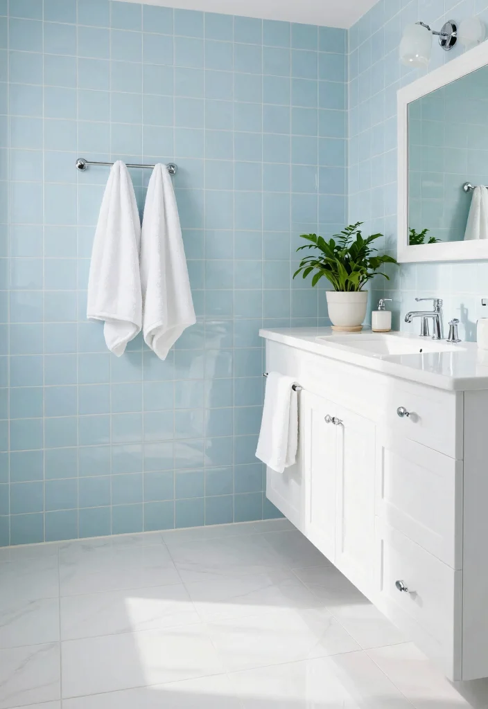 14 Light Blue Bathroom Tile Ideas With Soft Coastal Vibes - 7. Light Blue and White Combo for a Fresh Feel 1